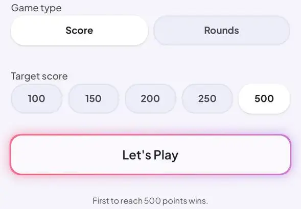 Game setup screen with “Highest score wins” option selected, allowing players to choose a target score to end the game.
