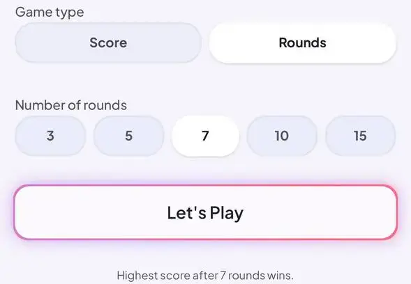 Game setup screen showing the “Highest score after rounds” mode, where players choose a fixed number of rounds instead of a target score.