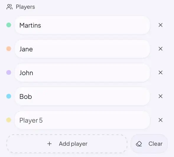 Player setup screen in the Flip7 score tracker showing saved player names and options to add or clear players before starting a game.