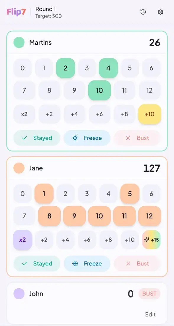 Flip7 score tracker interface showing card-based input, with number cards, modifiers, and round status options like Stayed, Freeze, and Bust.